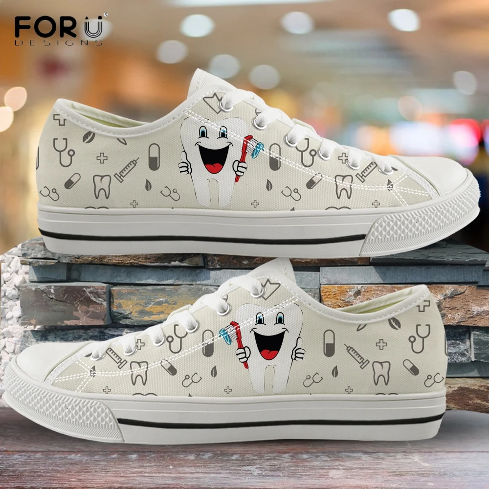 FORUDESIGNS Cute Cartoon Tooth Care/Clean Teeth/Dental Pattern Woman Canvas Shoes Sneakers for Women Spring/Autumn Ladies Shoes