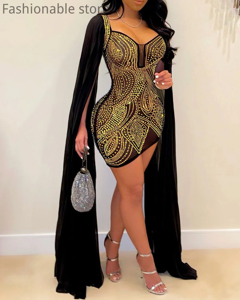 

Women Sexy Solid Color Cape Sleeve Sheer Mesh Rhinestone Design Bodycon Dress