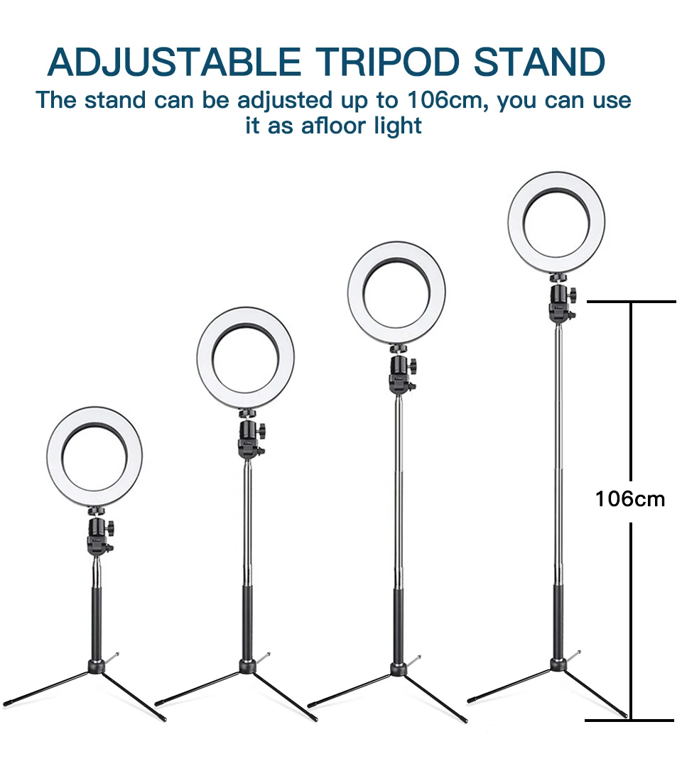 Кольцевой светильник студийный портативный диаметром 6 дюймов со штативом и