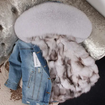 fox fur liner Мех лисы Подклад Деним куртка Пальто Парка Воротник мех енота Женщины Пальто Куртки Деним - Цвет: fox fur liner