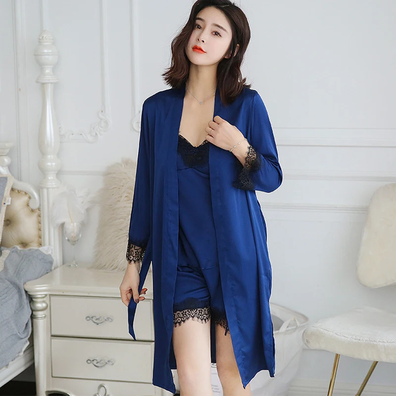 Lady Lace Sexy Suspenders Shorts Pajamas Three-Piece Suit Simulation Silk Homewear Hot Style Bathrobe Lounge Negligee | Женская одежда