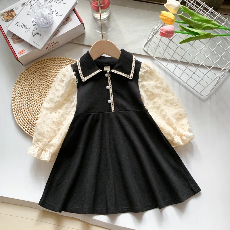 

Toddler Baby Clothes New Korean Version Elegant Long Sleeve Splicing A-line Skirt Princess Kids Dresses For Girls 2 3 4 5 6 Year