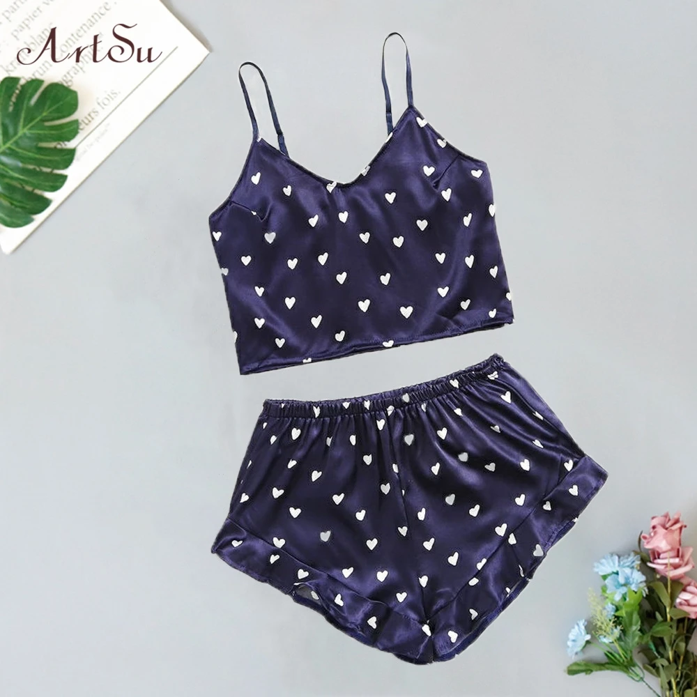 Женская атласная пижама ArtSu атласное Бюстье и шорты с принтом в виде сердца из 2