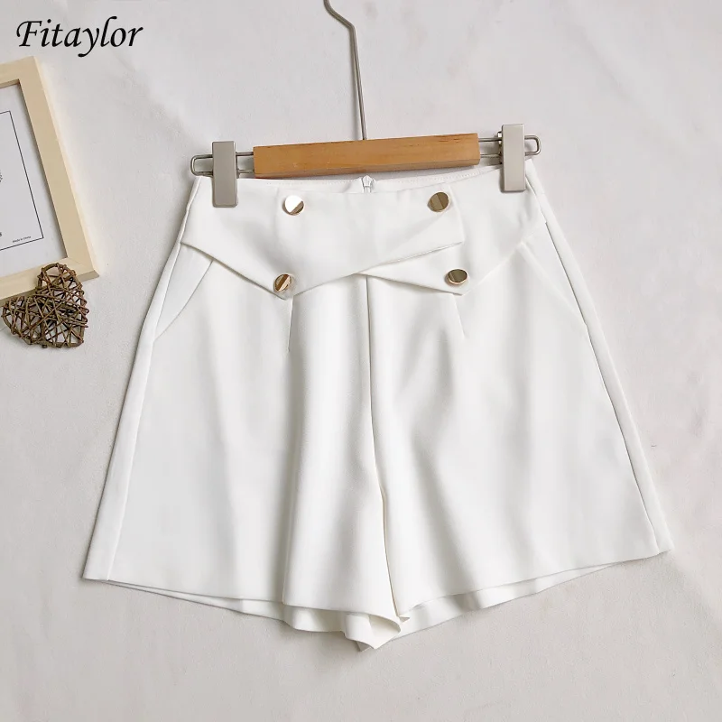 

Fitaylor Summer Office Lady Slim Suit Wide Leg Shorts Women Casual Buttons Solid Color White High Waist Zipper Fly Shorts