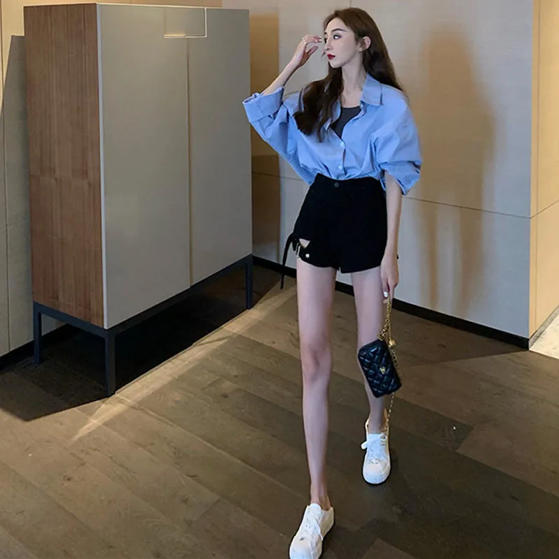 

High Waist Irregular Shorts New Women Summer Sexy Black Hole Out 2021 Summer Denim Shorts Female Slim Skinny Vintage Short Jeans