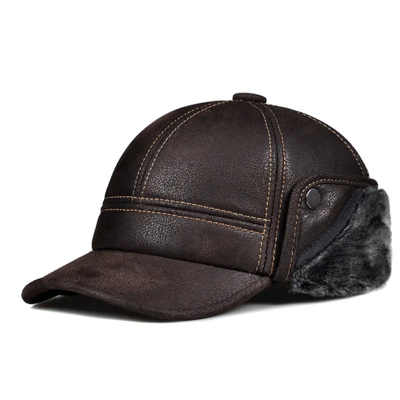

Winter Male Winter Genuine Leahter Suede Bomber Hat Man Nubuck Thick Head Warm Dome Caps sewing Fitted Gorras
