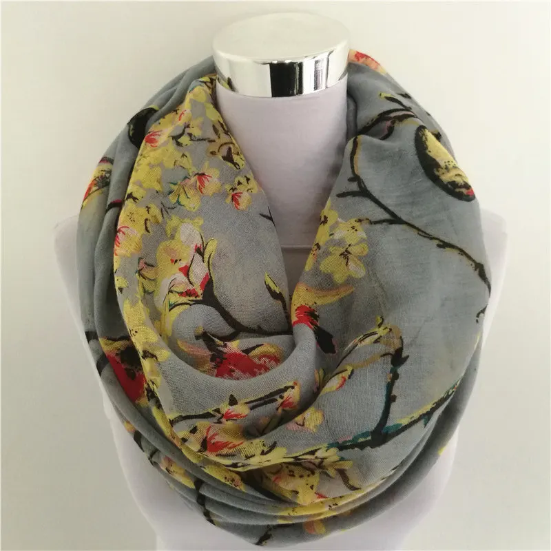 

New Magpie Bird print Viscose Match Ipek Esarp loop Scarves Flower Infinity Scarf spring Wraps hot ring scarf for women
