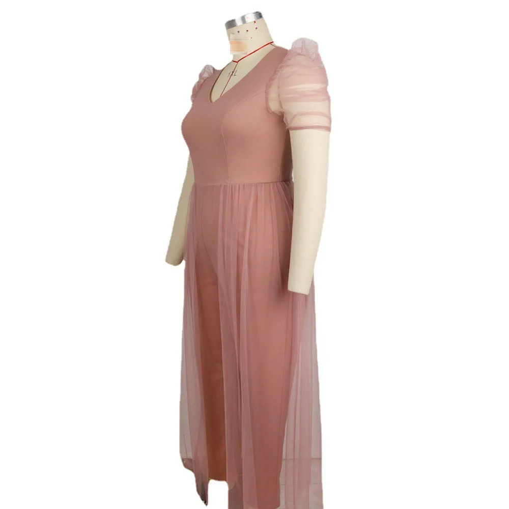 

V-neck Splicing Perspective Net Yarn High Waist Jumpsuit 2021 Summer New Solid Color Plus Size Temperament Casual Summer