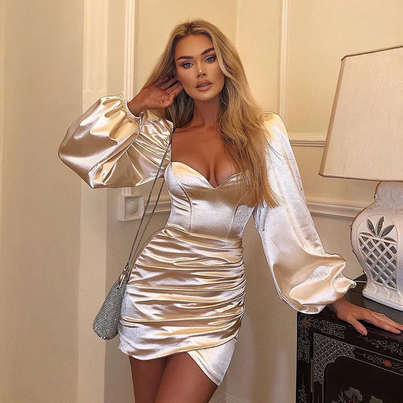 New2022 Slip Satin Dress Long Sleeve Sexy Evening Dresses Backless Tube Top Pleated Sequins Party Dresses for Women Summer Dress
