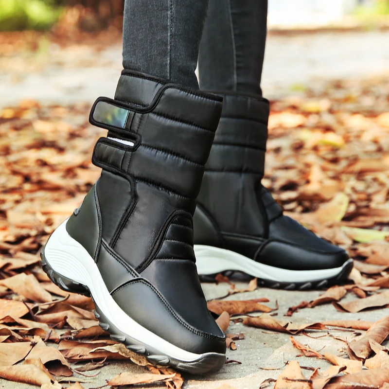 Women's high top leather lace-up winter cotton boots snow walking shoes velvet warm waterproof comfortable thick bottom big size | Спорт и