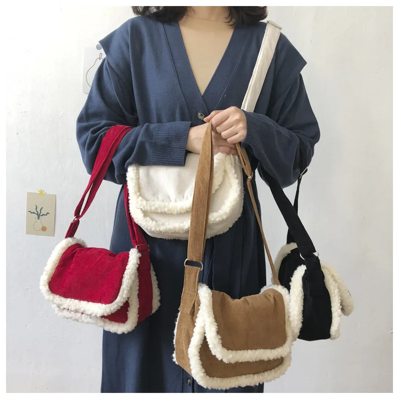 

Cute Soft Plush Girls Student Shoulder Bag Fashion Winter Women Small Messenger Bags Vintage Corduroy Ladies Purse Handbags