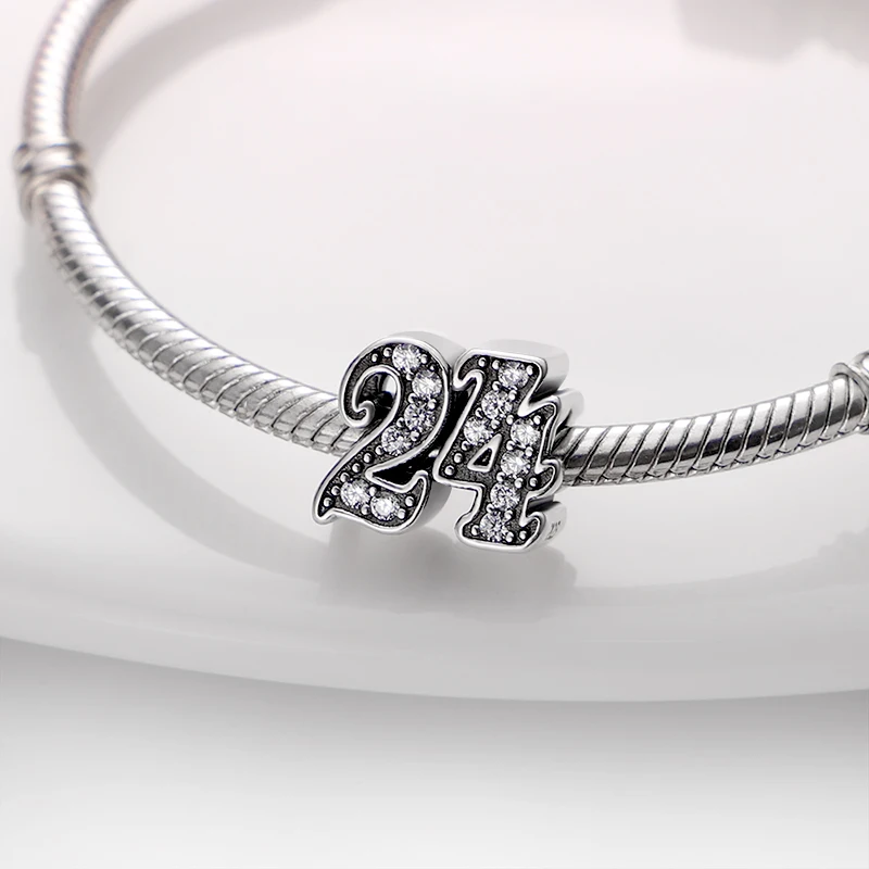 

New 100% 925 Silver Fit Original Pandora Bracelet Necklace Zircon Arabic Numeral 24 Plata De Ley Charms Women Fine Jewelry Gift