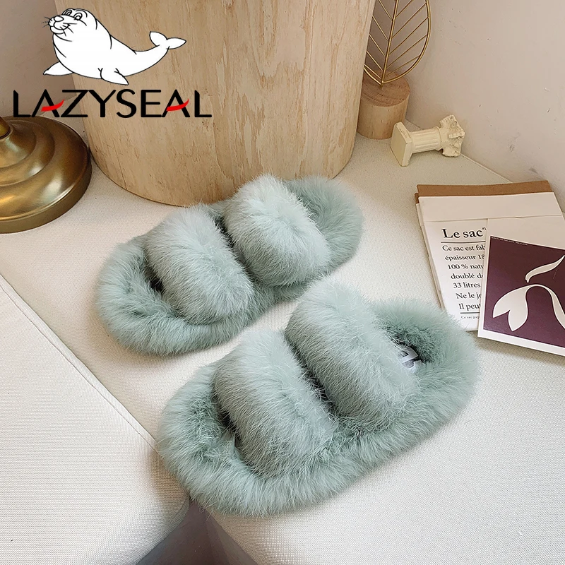 LazySeal/женские тапочки с натуральным мехом новые тапочки их меха под кролика домашние Шлепанцы женские пушистые домашние вьетнамки