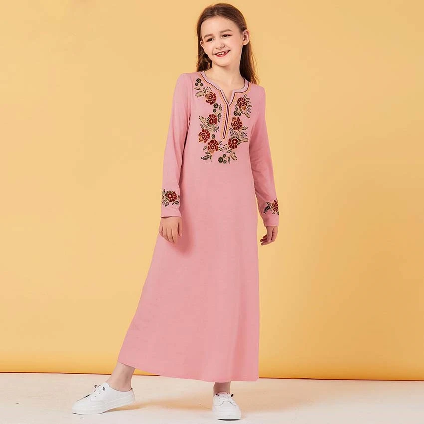

2020 Muslim Kids Pink Floral Abaya Button Flare Sleeve Islamic Clothing Gril Dress Kaftan Dubai Saudi Arabian Dresses Romanda