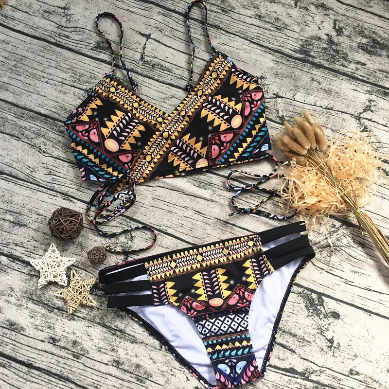 

Sexy Bikini Set Retro Ethnic Print With Cross Bandage Swimwear Brazilian Strappy Bikini Women Push Up Padded Beachwear Swimsuit