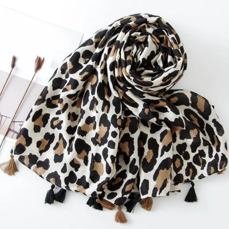 

Vintage Leopard Cotton Scarf Contrast Color Tassels Oversized Large Shawl Wrap F3MD