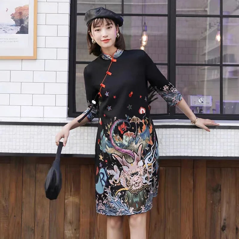 

Modern Chinese Cheongsam Qipao Women Autumn Black Traditional Asian Dress Short Qi Pao Female Sexy Oriental Dress FF2560