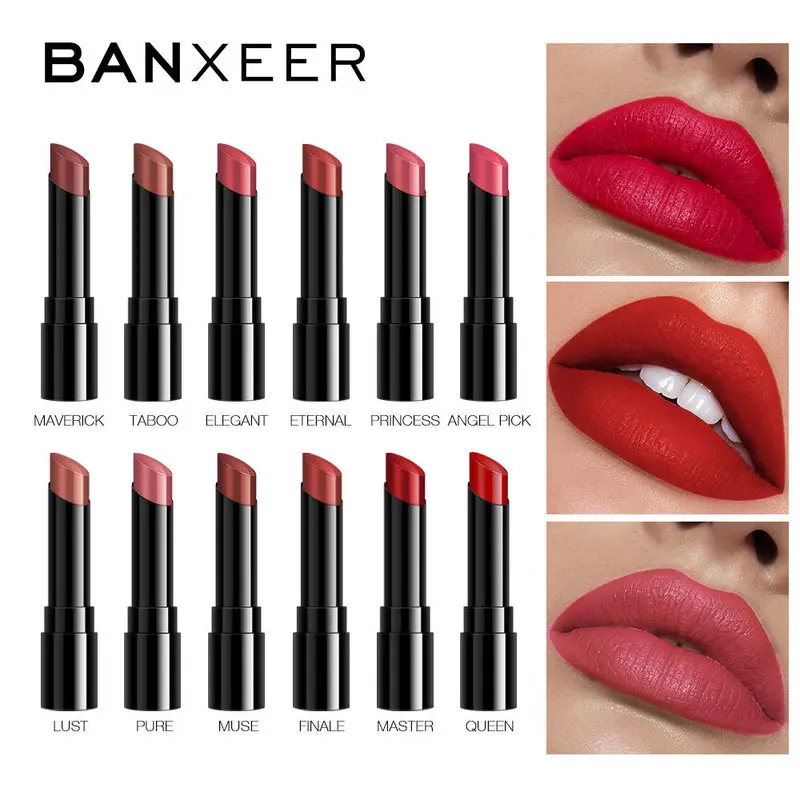

BANXEER Matte Lipstick 12 Colors Long-lasting Moisturizing Smooth lip Scrub Waterproof Matte Lipstick Cosmetics Female Lip Gloss
