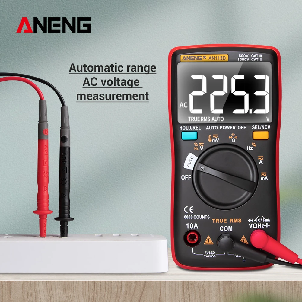 AN113D Digital Multimeter 6000 Counts Electrical Transistor Tester Temperature Auto Ranging AC/DC Voltage Meter for Electrician