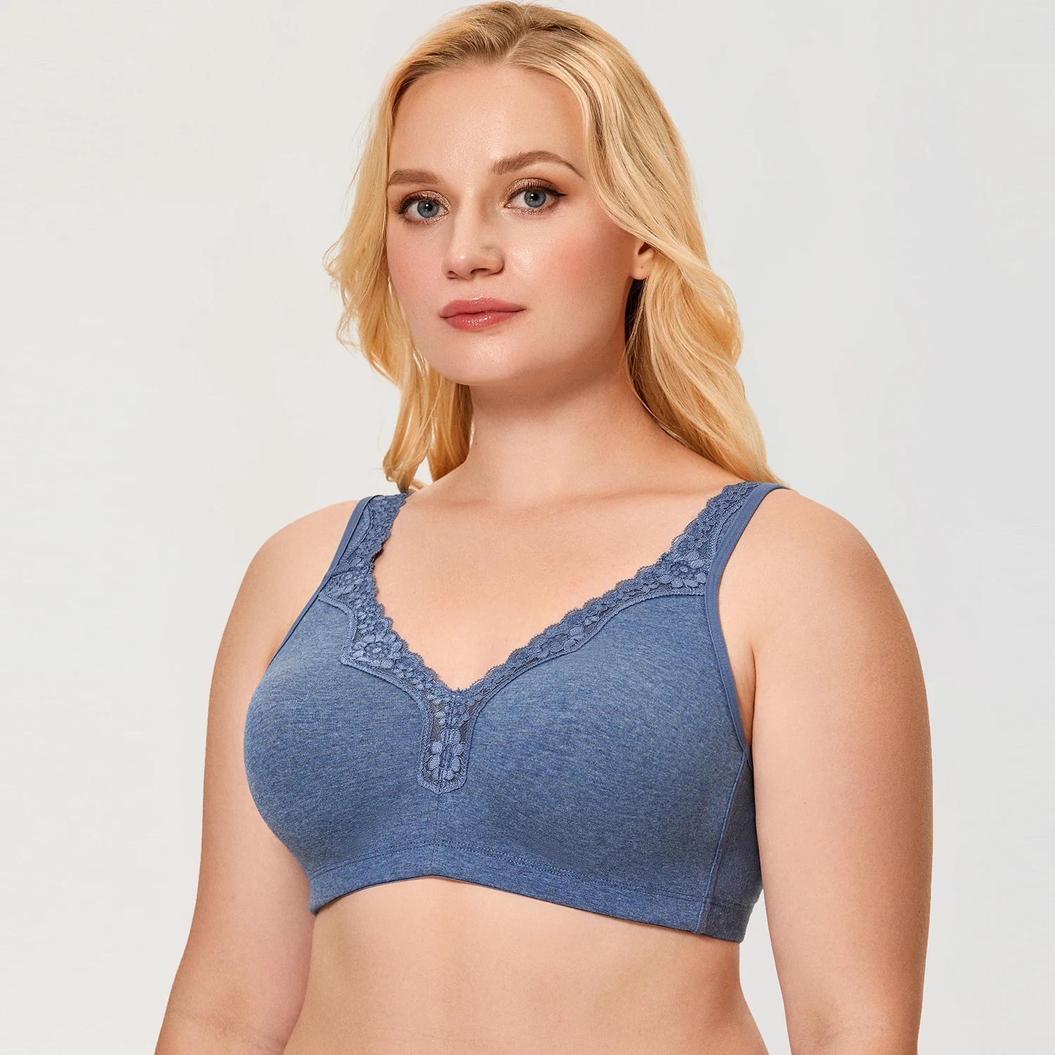 Delimira Women's Lace Trims Plus Size Wire-Free Non-Foam Comfort Cotton Bra Sleep