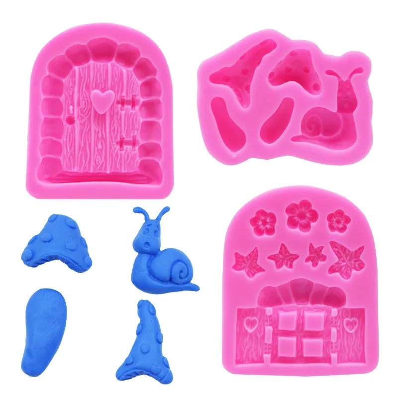 Сказочный домик деревянная дверь гриб улитка цветы силиконовая форма