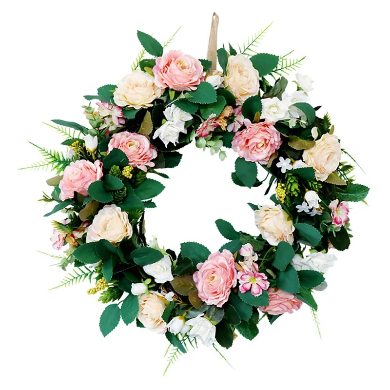 

Artificial Rose Wreath - 18Inch Handmade Floral Rose Daisy Wreath For Front Door Wall Wedding Party Farmhouse Home Decor