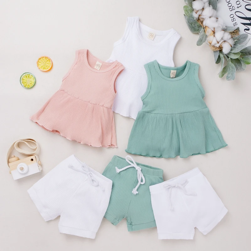 

2021 Summer Cute Baby Sets Children's Cute Pit Strip Short-sleeved Shorts Suit Green