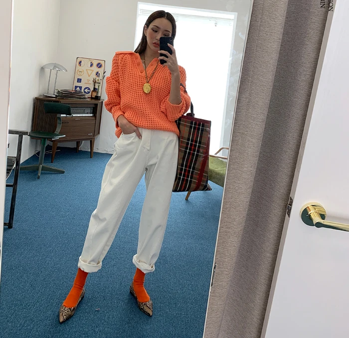 CHEERART пуловер свитер женский поло шеи джемпер свободный белый вафельный вязаный