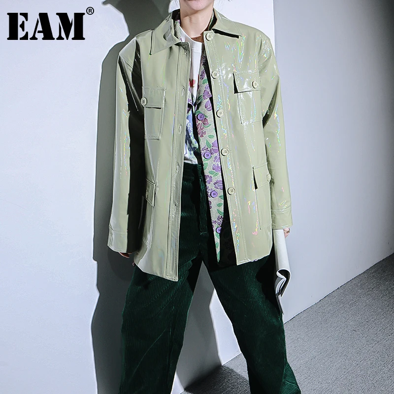 

[EAM] Loose Fit Big Size Pu Leather Pocket Jacket New Lapel Long Sleeve Women Coat Fashion Tide Autumn Winter 2021 1DD1762