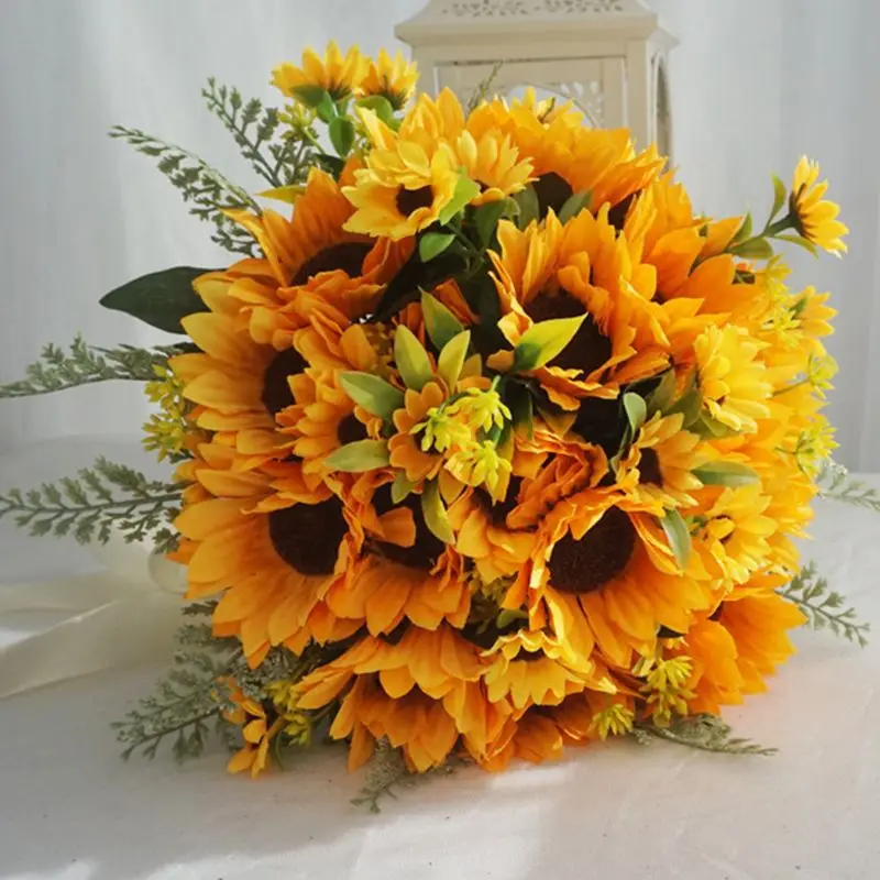 

Artificial Bridal Wedding Bouquet Romantic Handmade Bright Sunflower Linen Rope Handle Satin Ribbon Church Party Home