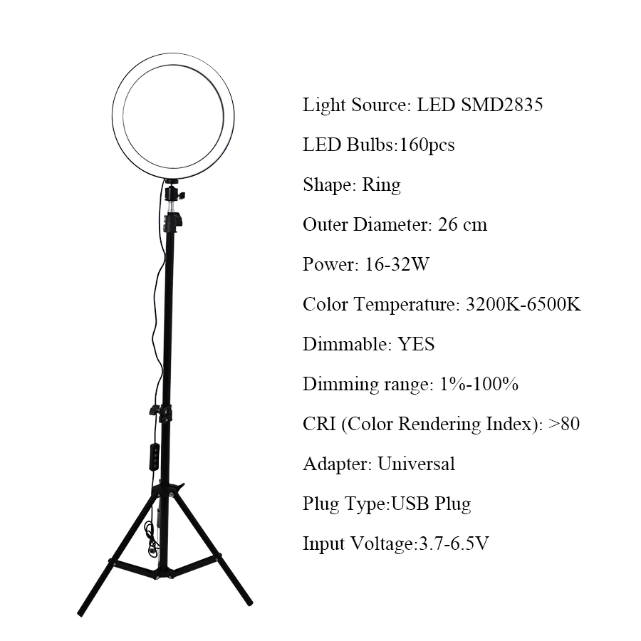 Светодиодная кольцевая лампа Mezher Light10 &quot/26 см 6500K для селфи студийная