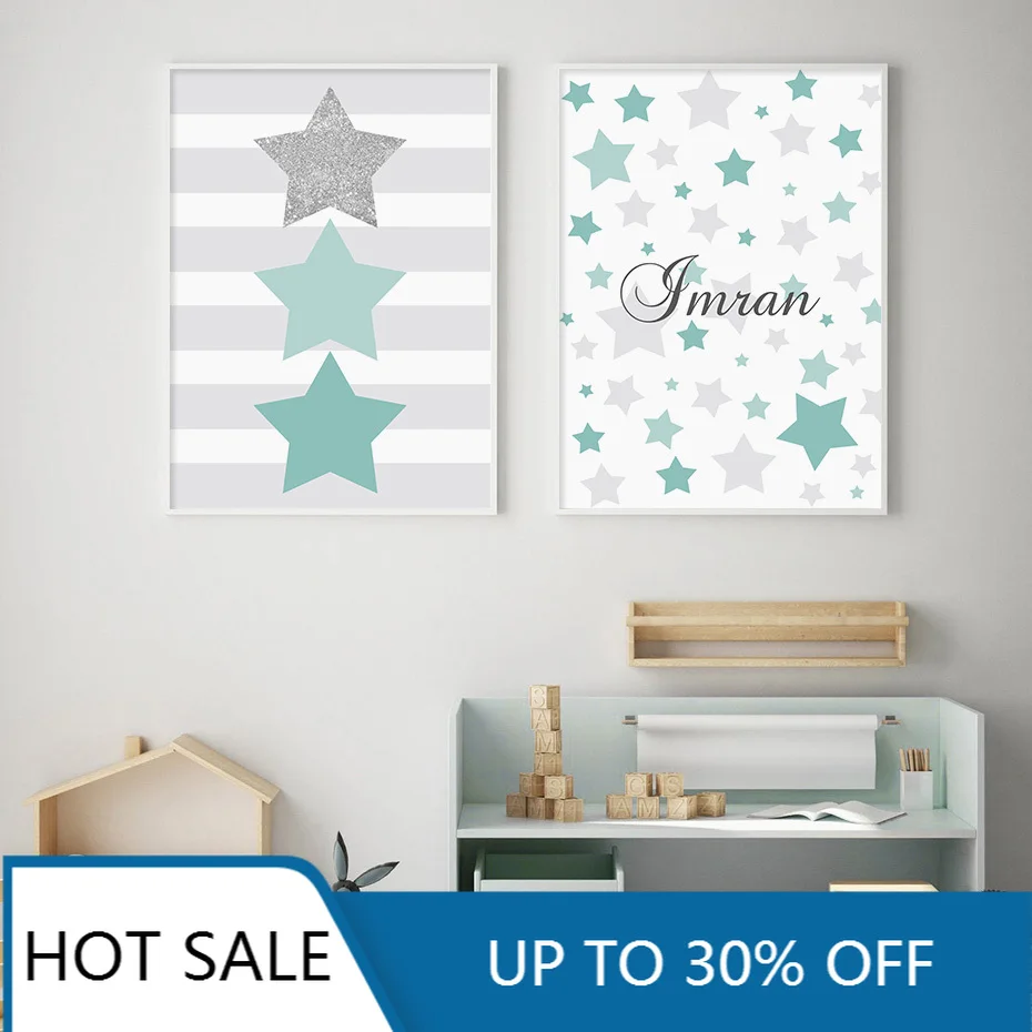 

Картина на холсте, Мультяшные звезды, зеленые детские плакаты с именем на заказ, детские настенные художественные принты, Настенный декор, д...