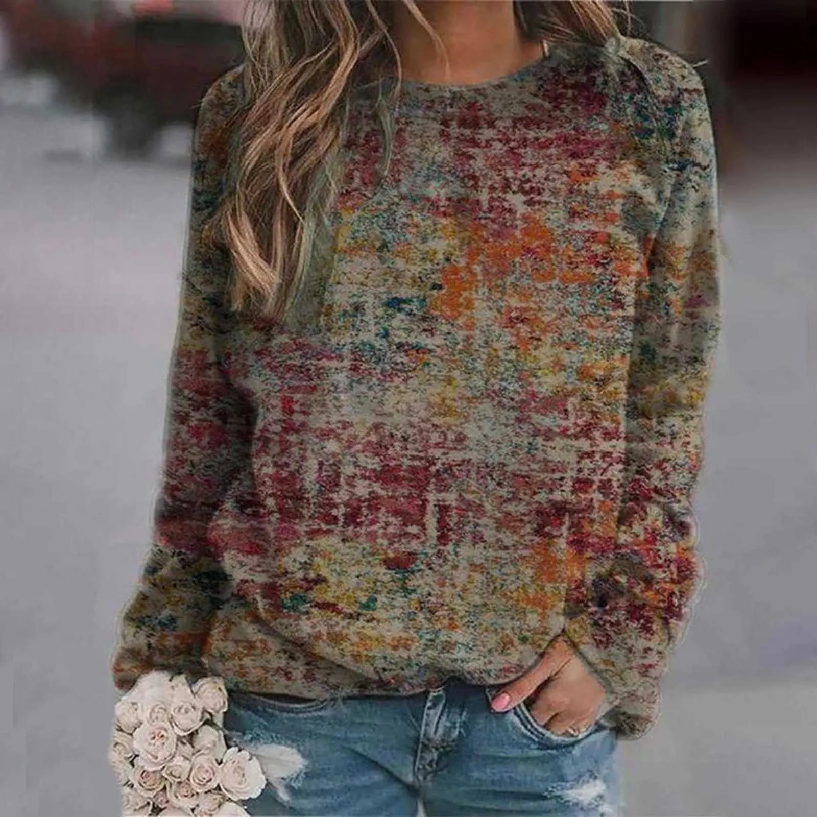 Женская свободная футболка с длинным рукавом круглым вырезом | одежда