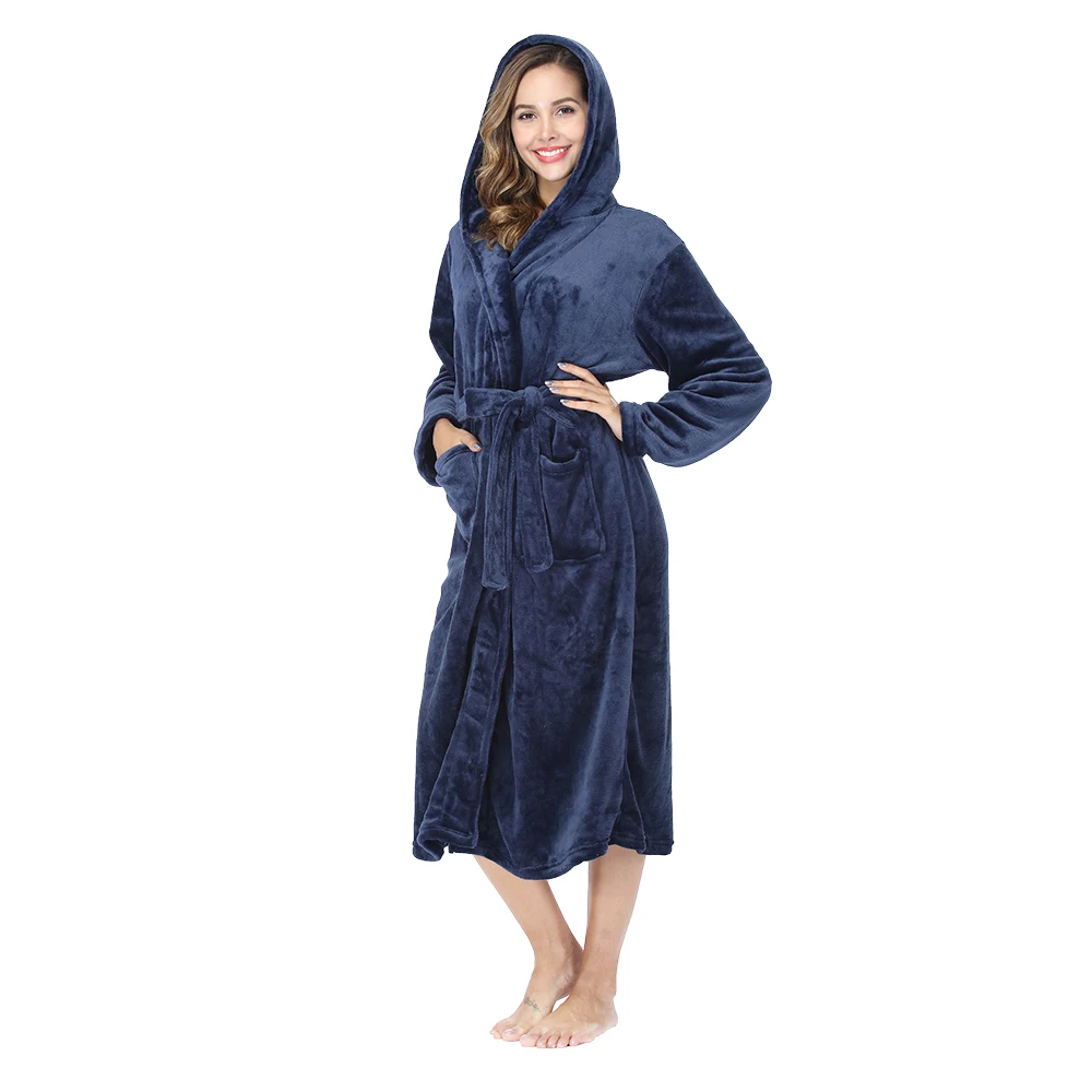 

RONGTAI Navy Blue Fleece Womens Robe Bathrobes with Hood