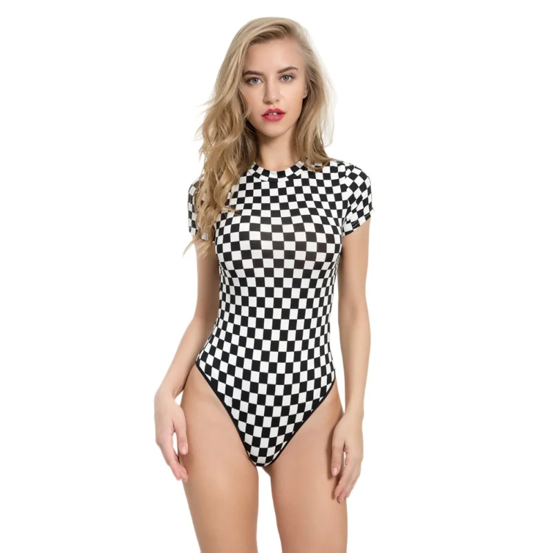 Новый модный клетчатый Круглый Вырез эластичный с коротким рукавом облегающий