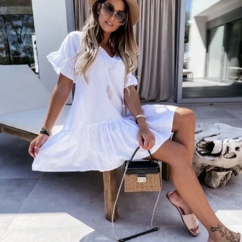 

2021 Women's New Solid V-neck Short Sleeve Draped Dress