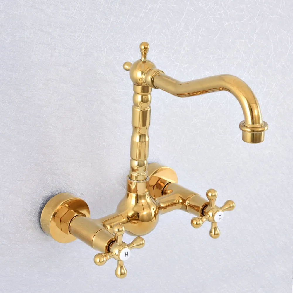 

Polished Gold Color Brass Wall Mounted Double Cross Handles Bathroom Kitchen Sink Faucet Mixer Tap Swivel Spout asf622