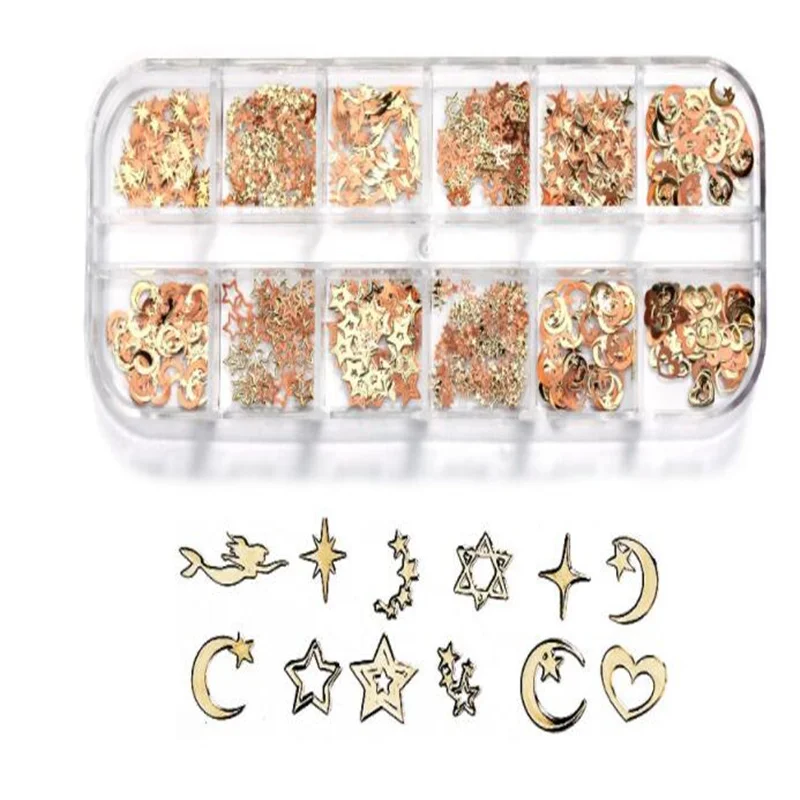 

12 Grids Nail Art Glitter Sequins Metallic Gold Nail Sequins Flakes Acrylic Designs Manicure Decoration