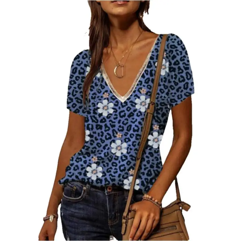 

Women Leopard Floral Print Short Sleeve V Neck Shirts Summer Casual Tee Tops Ladies Vintage T-shirt Loose Tshirt Streewear