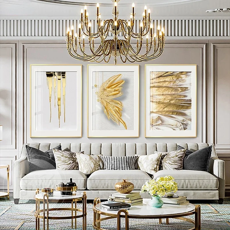 

Block Modern Golden Feather Print Poster Canvas Art Abstract Painting In Gold Leaf Wall Art Image for Living Room Home Decor