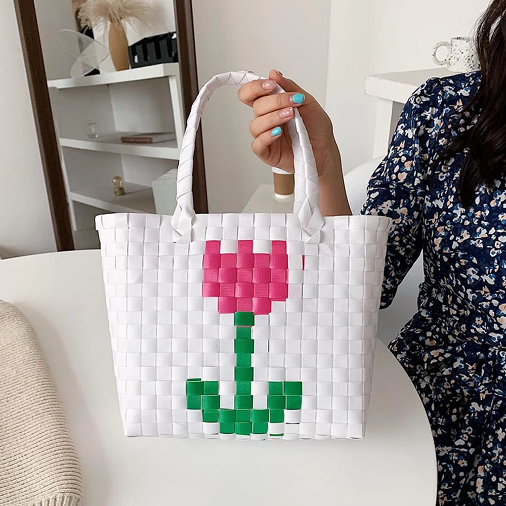 

Casual Rattan Basket Women Handbags Wicker Woven Shoulder Crossbody Bags Handmade Summer Beach Straw Bag Big Top Handle Bags