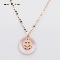 AINUOSHI 18K Rose Gold 1.74ct Real Pink Mother-Of-Pearl Smiley Pendant Necklace Personalized For Women's Charm Jewelry 18''