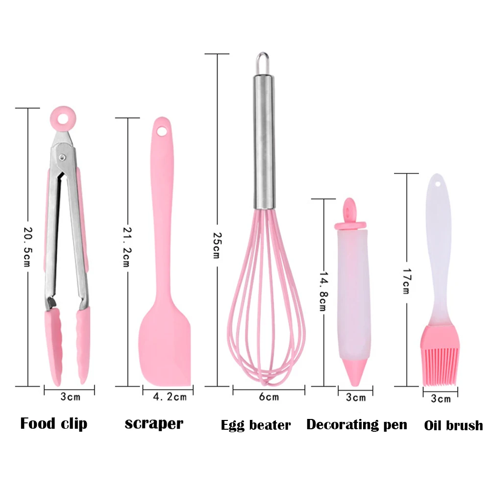 

5Pcs Baking Set Silicone Cake Decorating Tools Set Oil Brush Egg Beater Scraper Decorating Pen Food Clip Kitchen Accessories