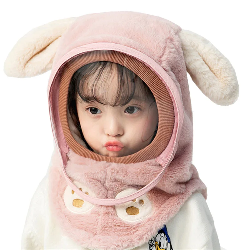 

New Winter Baby Cap Set Rabbit Bear Ear Baby Head Cover Outdoor Warm Neck Collar Kids Beanies Sets Plush Children Hooded Cap