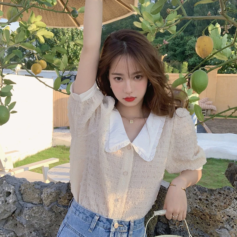 

Peter Pan Collar Short Sleeve Shirt Women's Summer 2021 New French Gentle Top Clothes Design Sense Niche Temperament Shirt