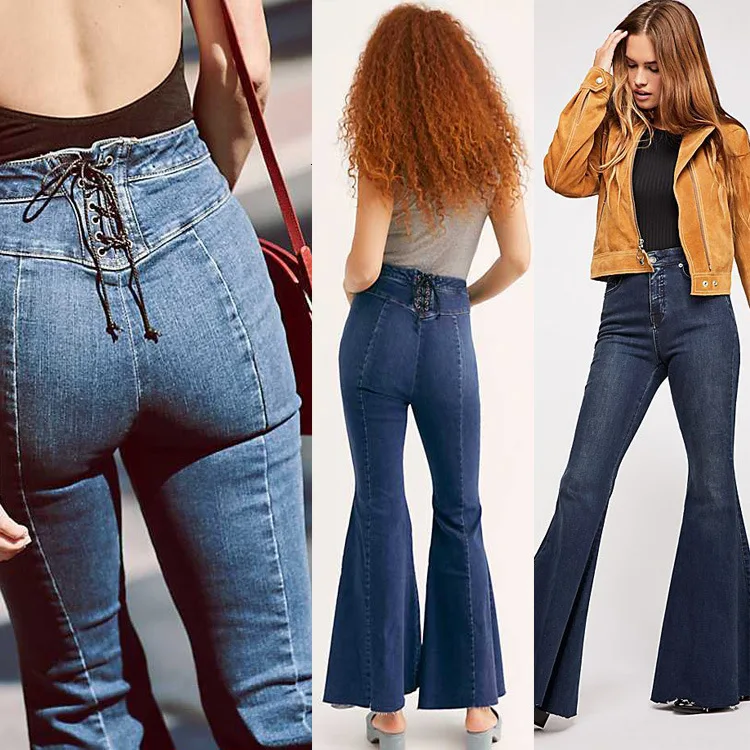 Womens Flare Jeans High Waisted Wide Leg Jean Woman Fashion Sexy Push UP Back Bandage Denim Pants Long Bell Bottom Skinny Jeansy | Женская