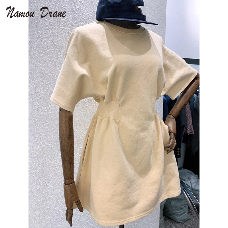 

2021 New Short-sleeved Dress Women Korean Style Simple Wind Waist Slimming Niche Design Solid Color Round Neck A-line Skirt