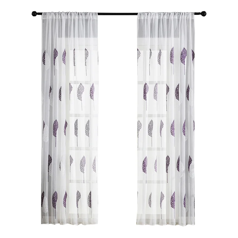 

White Leaves Window Curtain Embroidered Voile for Living Room Pastoral Curtain for Balcony Kitchen Sheer Drape Blinds