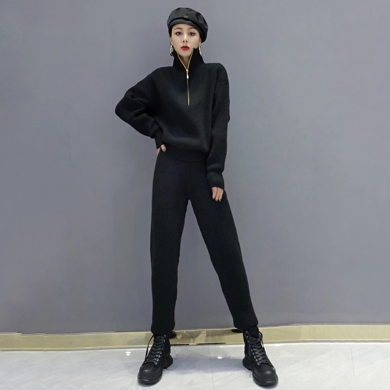 Knitted Suit Women High Quality Spring Autumn Solid Color High Neck Pullover Blouse+Elastic Waist Casual Trousers Two-Piece Set