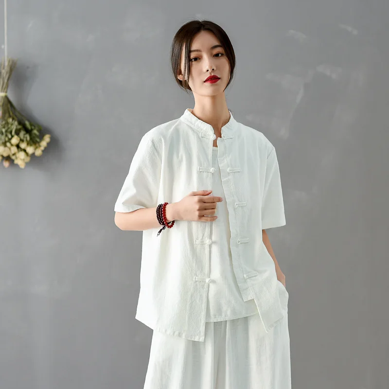 

Women Chinese Style Shirts Cotton Linen Blouses Solid Color 2020 New Summer Stand Short Sleeve Button Vintage Casual Shirts